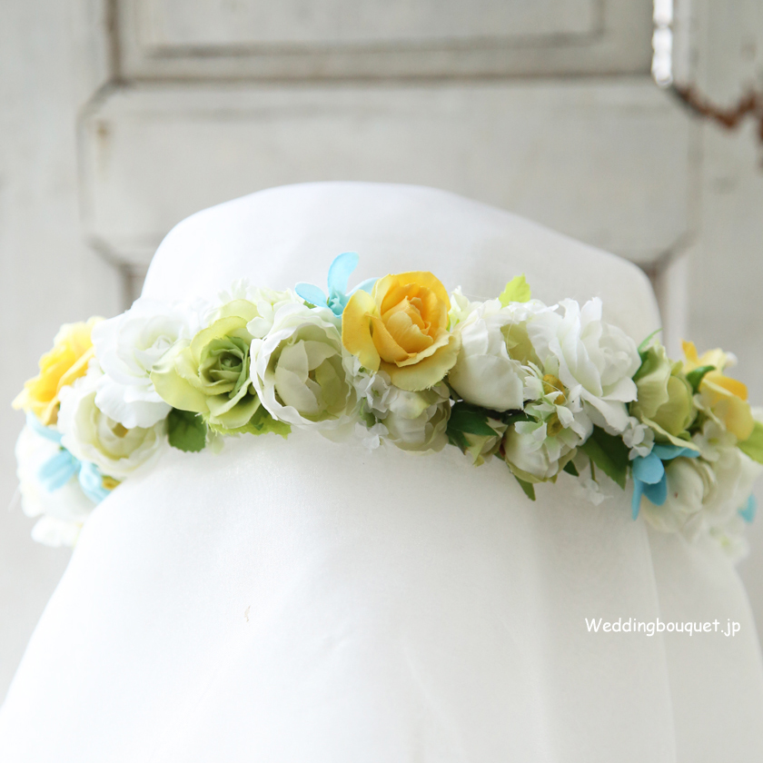 花冠 黄色のミニバラとグリーンのお花ボリュームタイプ ウェディングブーケ Jp