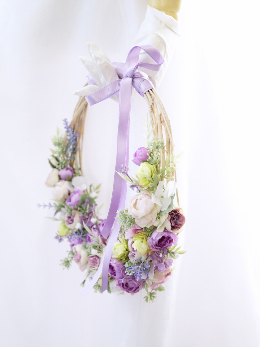 紫のミニバラとナチュラルなお花のリースブーケ・ブートニアセット 