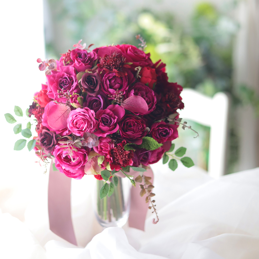完成品ブーケ】フーシャピンクのバラのラウンドクラッチブーケ